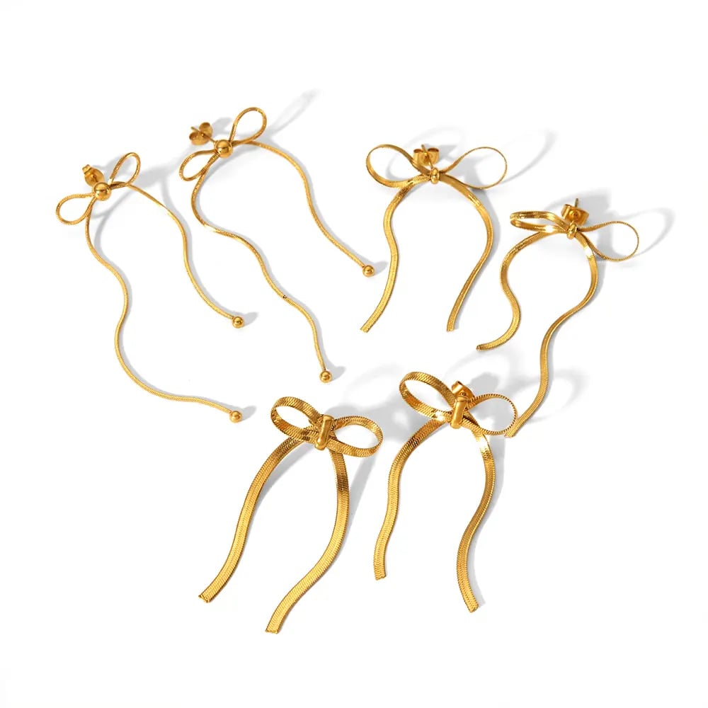 1 pair of fashionable  gold-plated stainless steel bow tassel earrings for women for daily wear